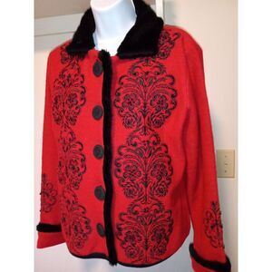 Womens Sweater/Jacket-CARSON-red Black Floral boiled wool lined cardigan-M Beads
